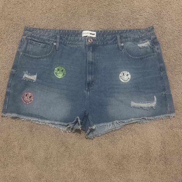 Fashion Nova Blue Denim Shorts with Sequin Smiley Accents - Picture 1 of 3